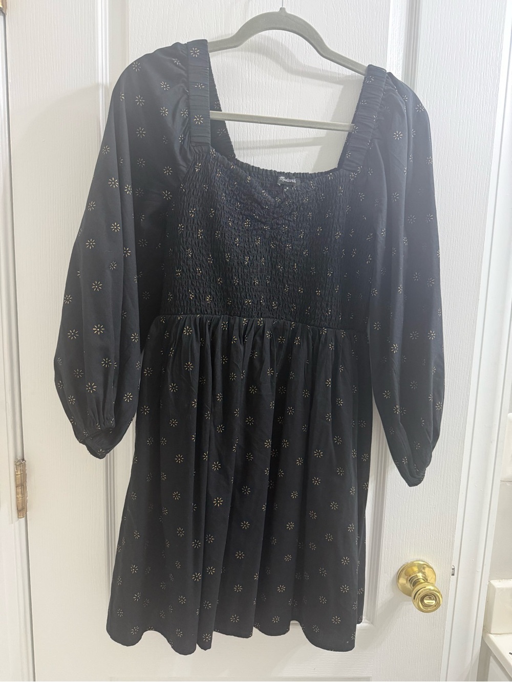 Madewell Black Long-Sleeve Smocked Dress with Gold Dot Print